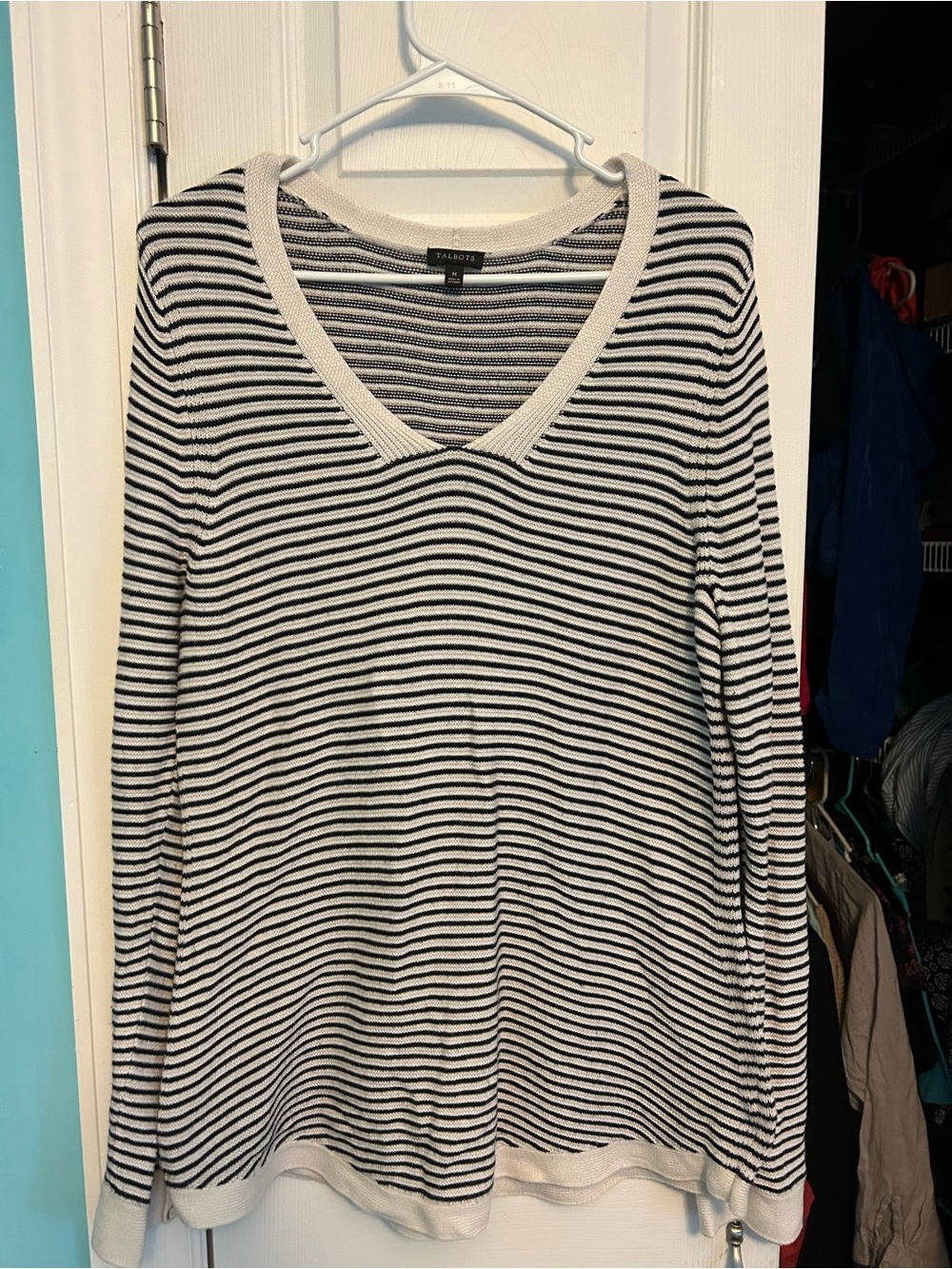 Talbots Black and White Striped V-Neck Sweater